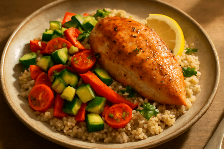 Geroosterde kipfilet met mediterrane groenten en quinoa