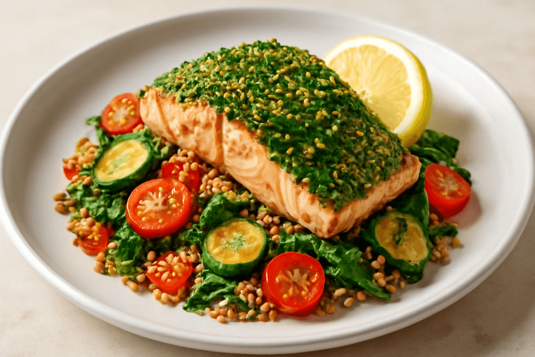 Filetto di Salmone in Crosta di Erbe con Insalata di Quinoa e Verdure