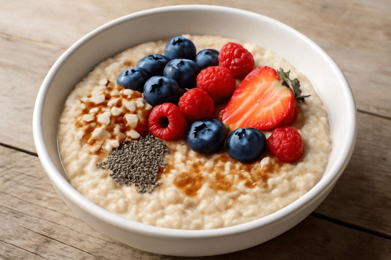 Vegane Protein-Porridge-Bowl mit Beeren und Mandeln