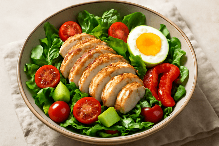 Klassisk kycklingsallad med ägg och rostade grönsaker