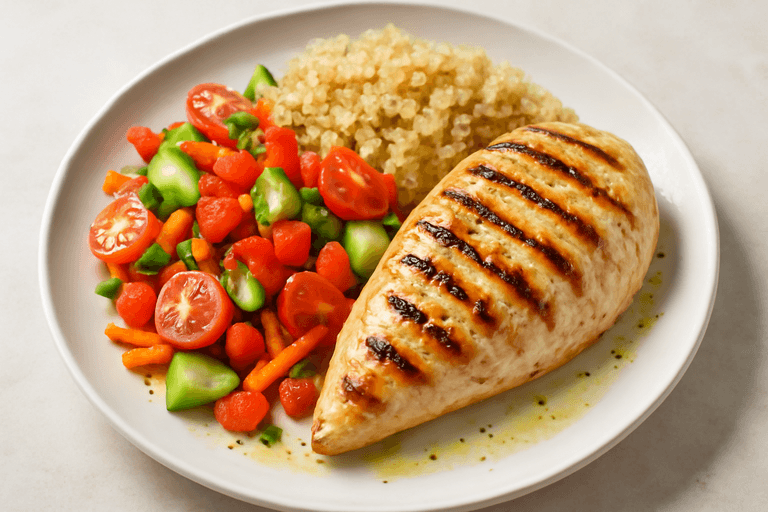 Κοτόπουλο σχάρας με πολύχρωμη σαλάτα και κινόα