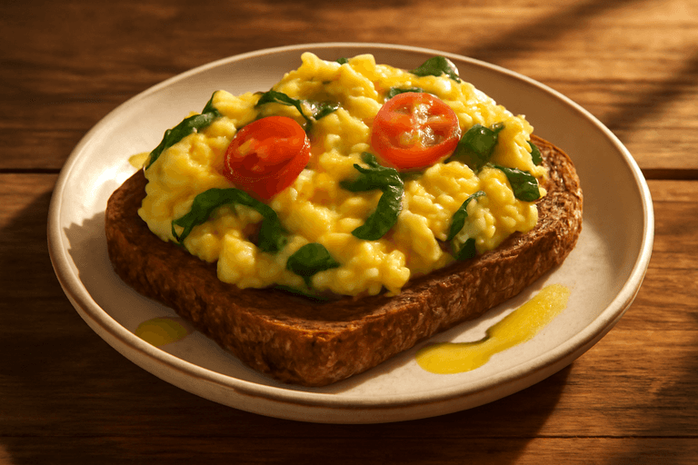 Ovos Mexidos Proteicos com Espinafre e Tomate