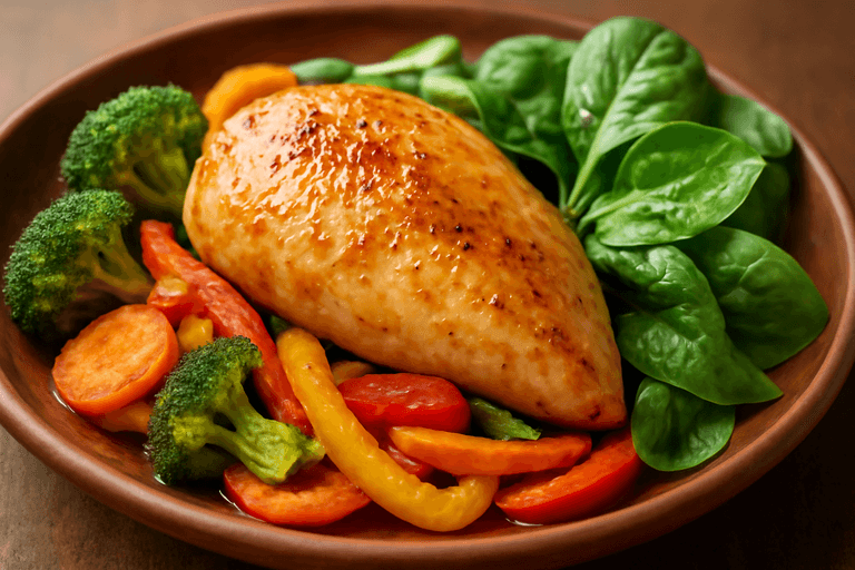 Запечённая куриная грудка с овощами и зелёным салатом