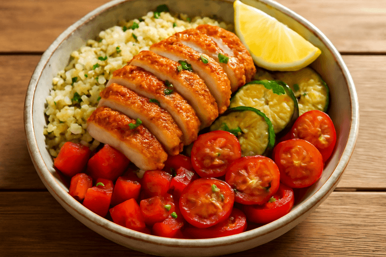 Kraftvolle Hähnchen-Bowl mit Gemüse und Quinoa