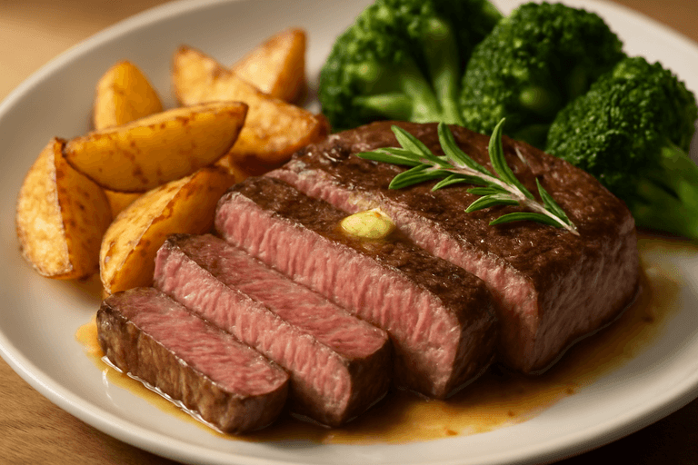 Herzhaftes Rindersteak mit Ofenkartoffeln und Brokkoli