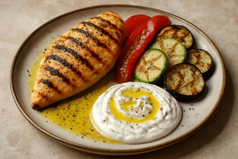 Κοτόπουλο Σχάρας με Ψητά Λαχανικά & Γιαούρτι