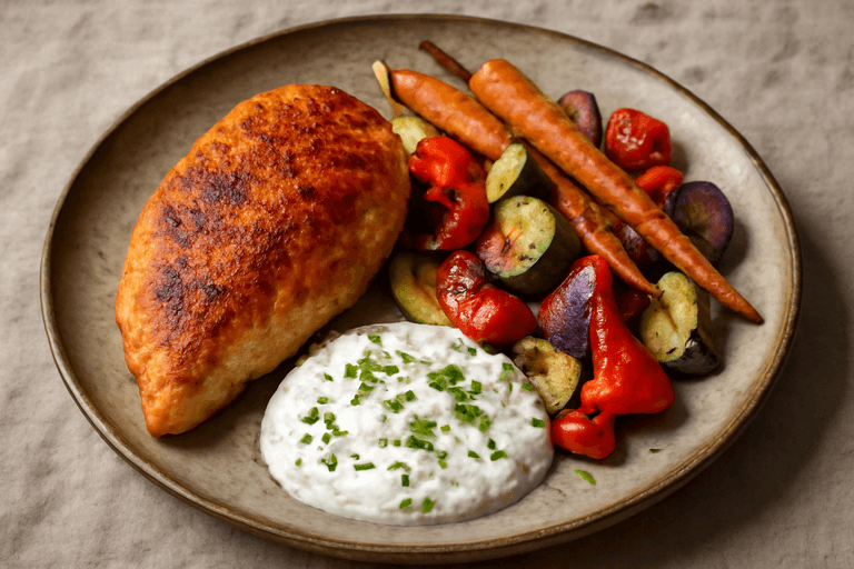 Grillad kyckling med rostade grönsaker och kvargsås