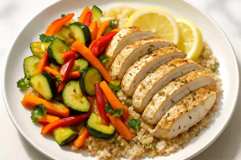 Piept de pui la grătar cu legume sotate și quinoa