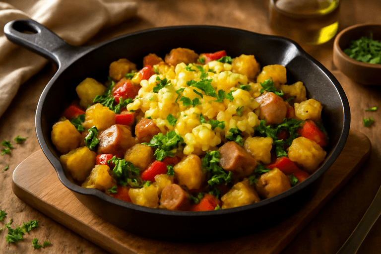 Power-Frühstücks-Pfanne mit Eiern, Kartoffeln & Gemüse