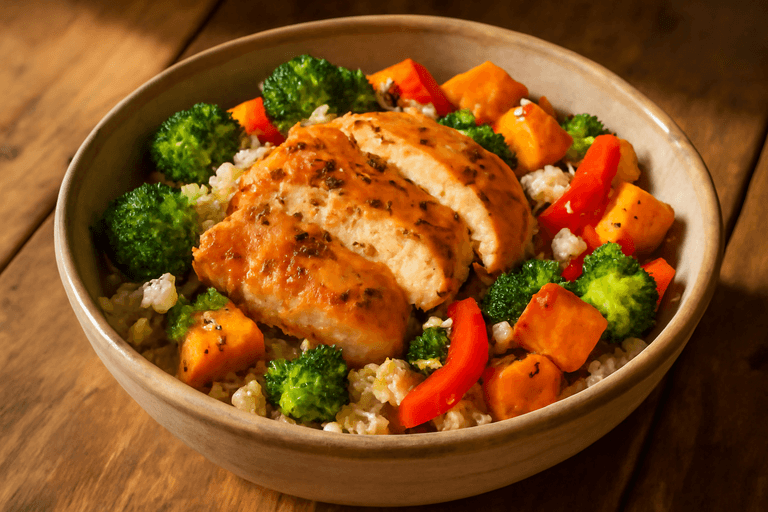 Herzhaftes Hähnchen-Quinoa-Bowl mit geröstetem Gemüse