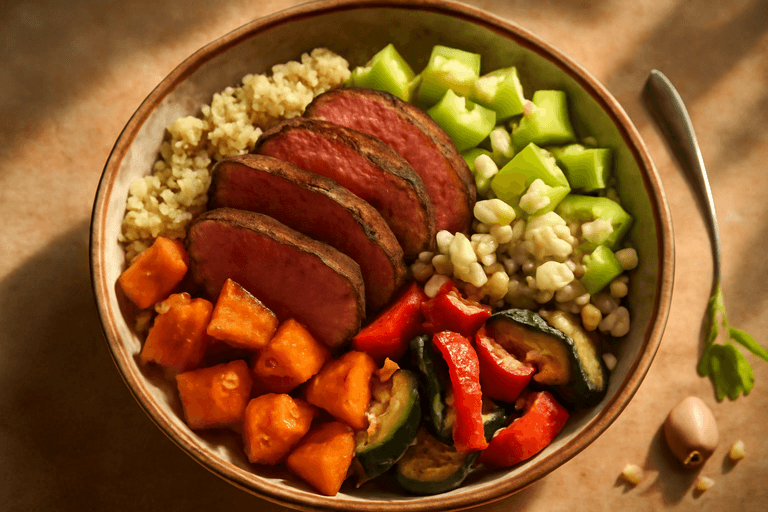 Herzhafte Rinderfilet-Bowl mit Ofengemüse und Quinoa