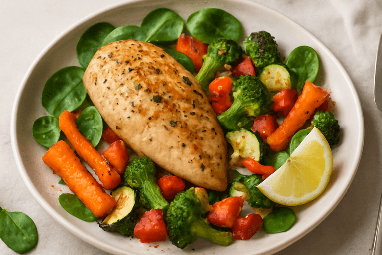 Saftig ugnsbakad kyckling med rostade grönsaker