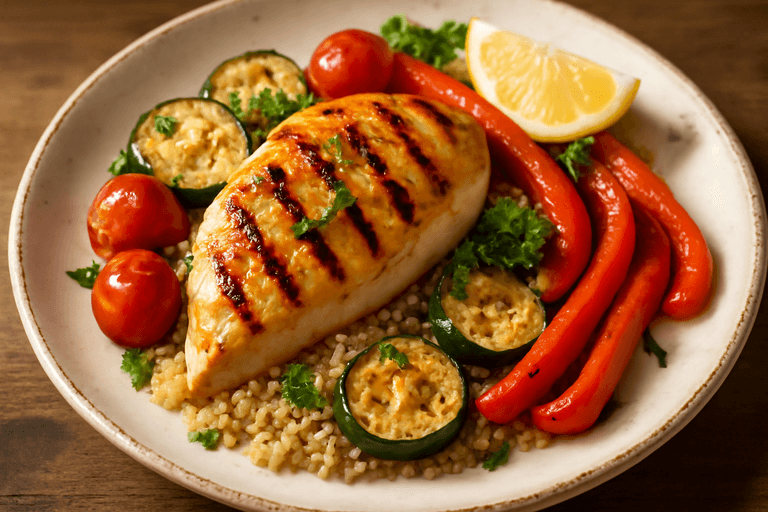 Gegrilde Kippenfilet met Quinoa en Geroosterde Groenten