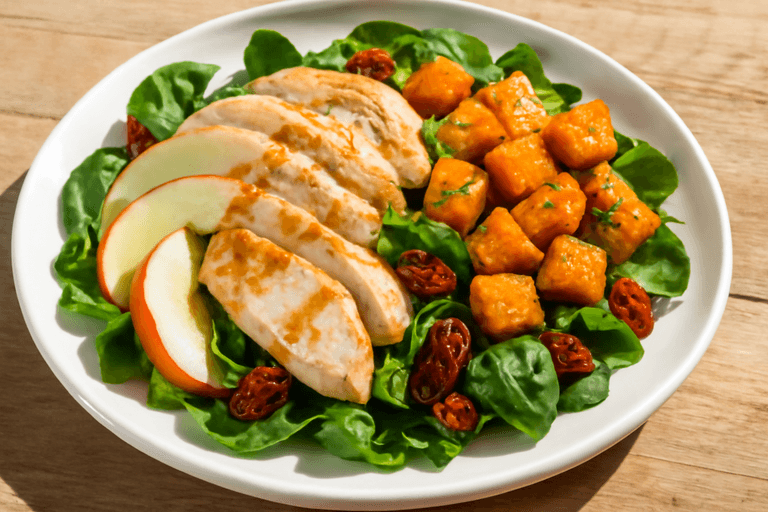 Kycklingsallad med Äpple och Rostad Sötpotatis