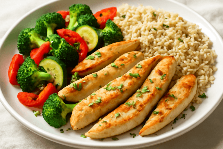 Piept de pui la grătar cu legume și orez brun