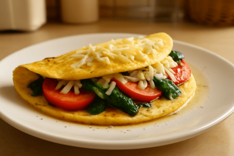 Klassisk omelett med spenat och tomat