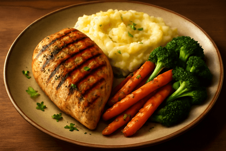 Klassieke Kippenfilet met Geroosterde Groenten en Aardappelpuree