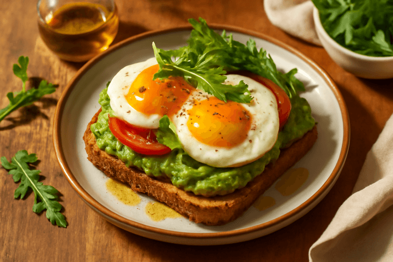 Лека закуска с яйца и авокадо на препечена пълнозърнеста филия