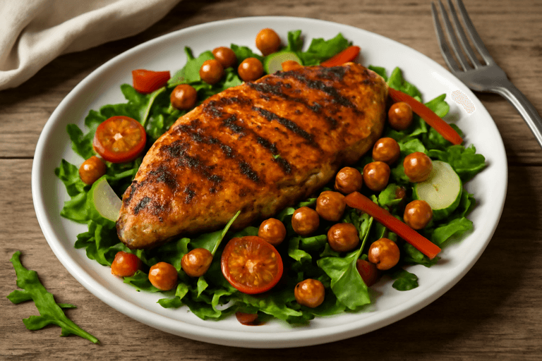 Пилешка пържола на скара със свежа салата и хрупкав нахут