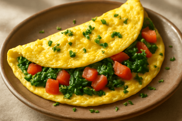 Klassisk ägg- och spenatomelett med tomat