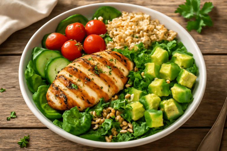 Färgstark kycklingsallad med quinoa och citrusdressing