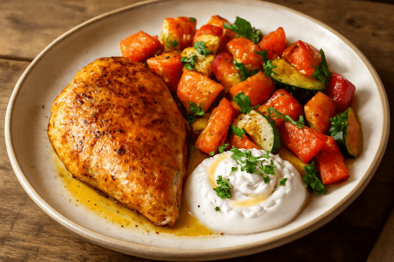 Lätt kycklingfilé med rostade grönsaker och citronyoghurt