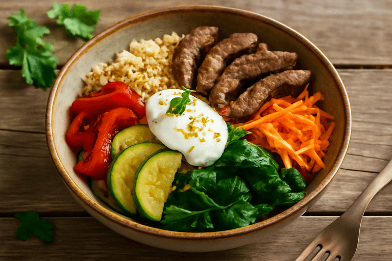 Herzhafte Rindfleisch-Bowl mit Quinoa & Gemüse