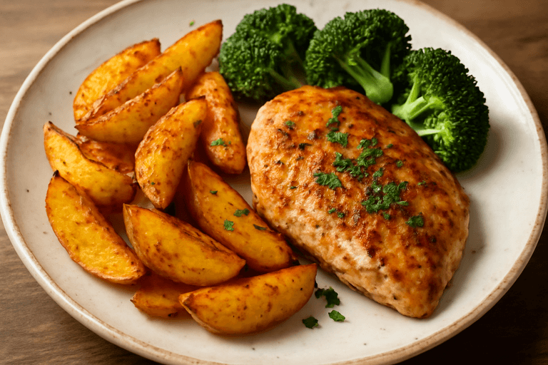 Proteinreiches Hähnchen-Steak mit Ofenkartoffeln und Brokkoli