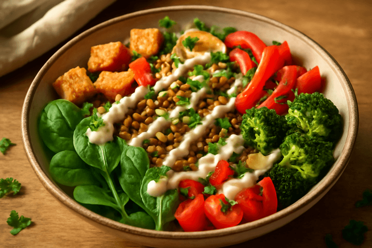Veganer Linsen-Bowl mit geröstetem Gemüse und Tahini-Dressing