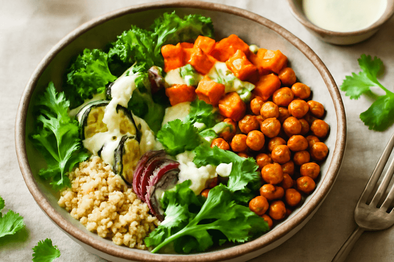 Kichererbsen-Bowl mit gebackenem Gemüse & Tahini-Dressing