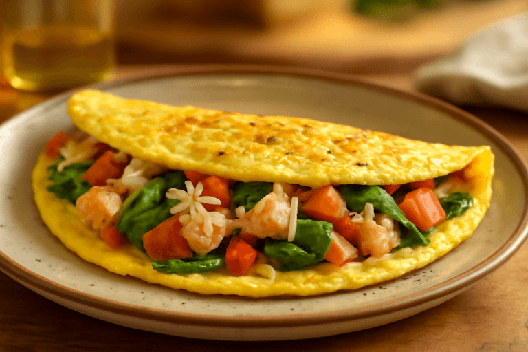 Омлет с пуешко филе, спанак и домати