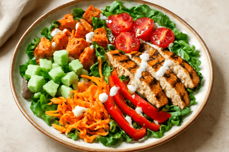 Kleurrijke Kippensalade met Geroosterde Zoete Aardappel