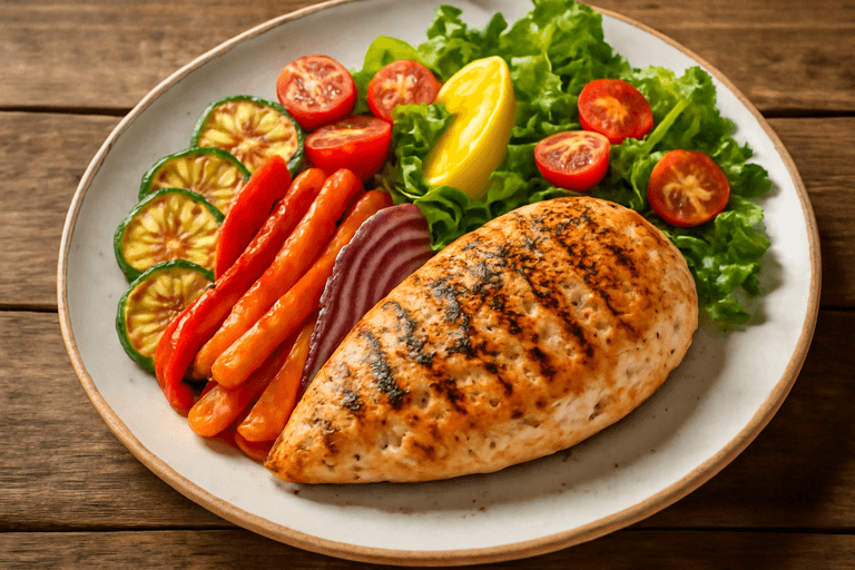 Pui la grătar cu legume colorate și salată fresh