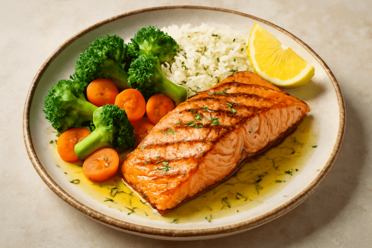 Ψητός σολομός με λαχανικά & ρύζι