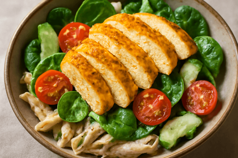 Kruidige kipfiletsalade met volkoren penne