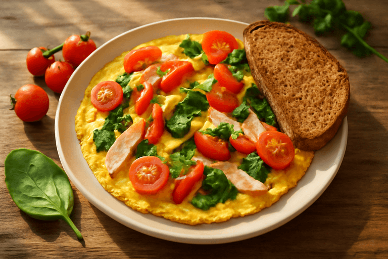 Klassisk grönsaksomelett med kalkon och fullkornsbröd