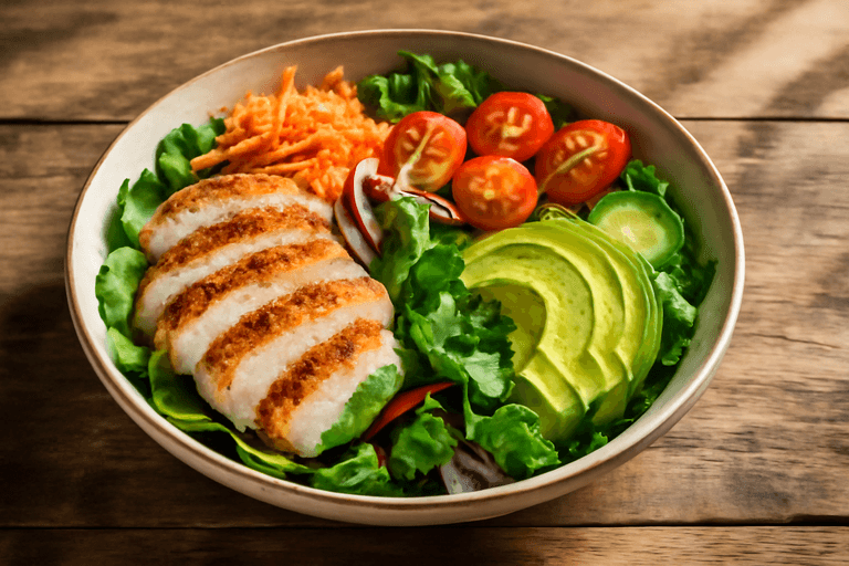Salată clasică de pui cu avocado și legume proaspete