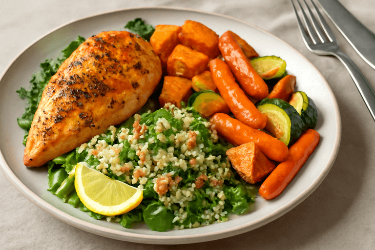 Grillad kycklingfilé med ugnsrostade grönsaker och quinoa