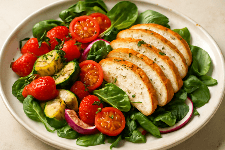 Kycklingsallad med rostade grönsaker och citronvinägrett