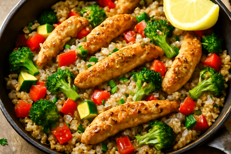 Herzhaftes Hähnchen-Quinoa-Pfannengericht mit Gemüse