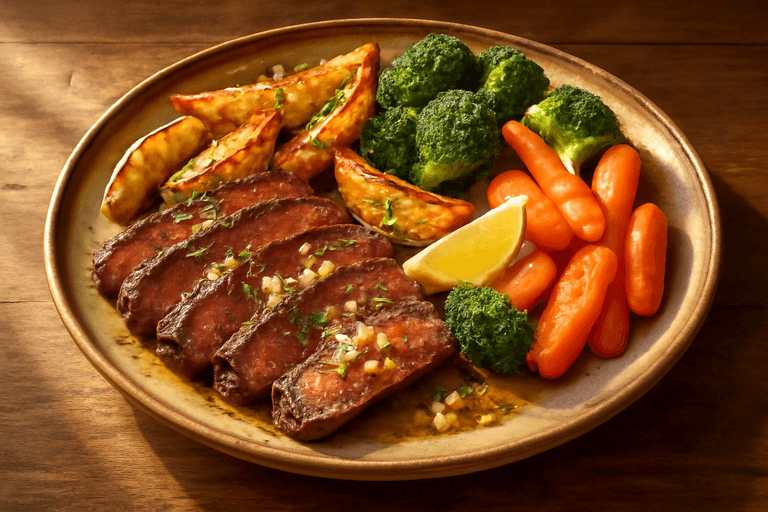 Herzhaftes Rindersteak mit Ofenkartoffeln und Gemüse