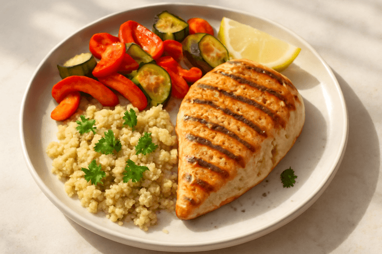 Легкий цыплёнок с овощами на гриле и киноа