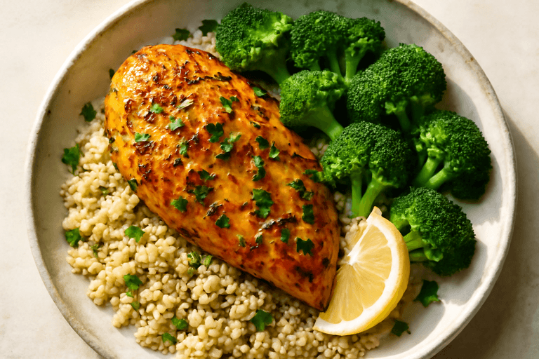 Light Lemon Herb Chicken with Steamed Broccoli & Quinoa