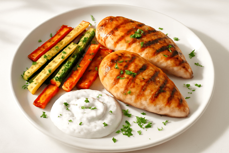 Piept de pui la grătar cu legume colorate și sos de iaurt