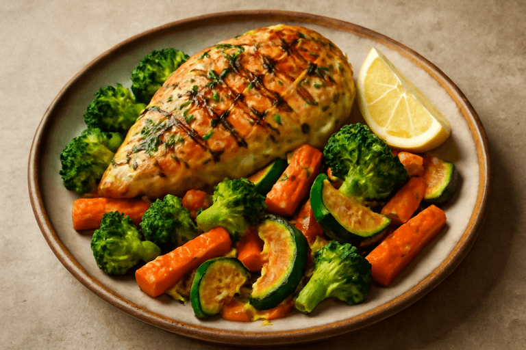 Poulet grillé aux herbes et légumes rôtis