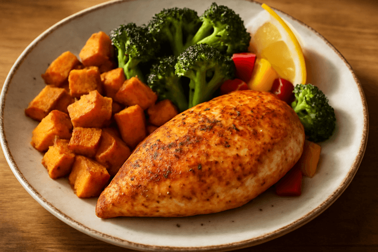 Saftig kycklingfilé med rostad sötpotatis och grönsaker