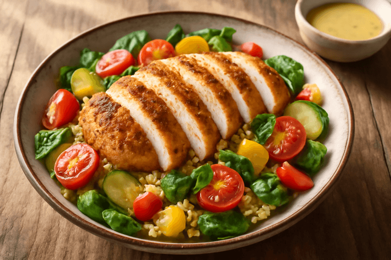 Kryddig kyckling- och grönsakssallad med fullkornsbulgur