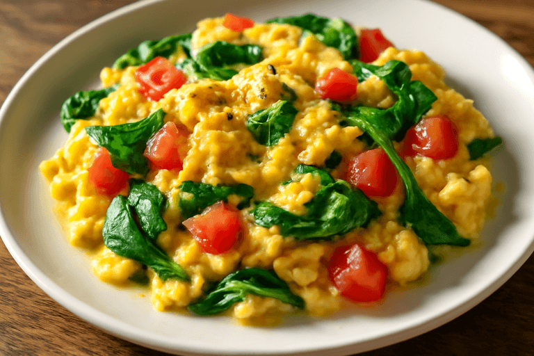 Energigivande klassisk äggröra med spenat och tomat