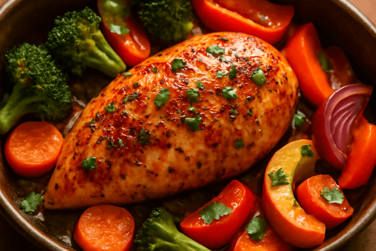 Saftig ovnsbakt kyllingfilet med ovnsgrønnsaker