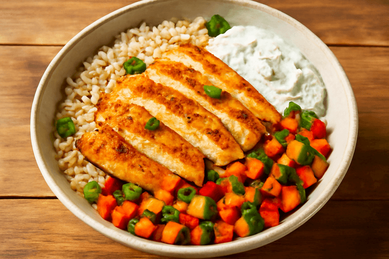 Herzhafte Hähnchen-Reis-Bowl mit Gemüse & Joghurt-Dip
